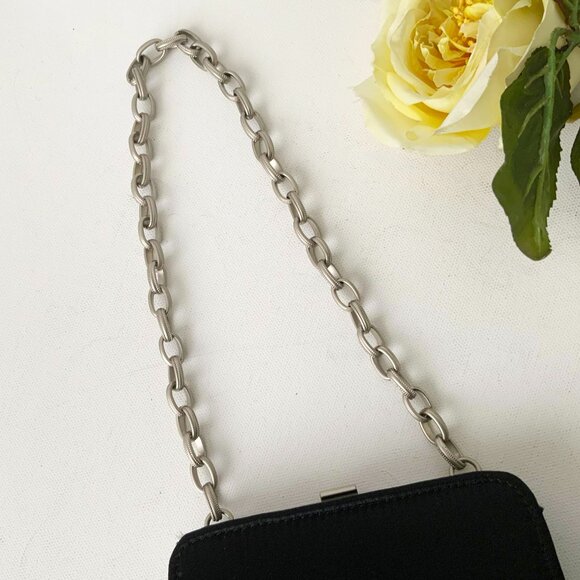 Mini Black Satin Handbag with Silver Chain Top Handle - Picture 10 of 10